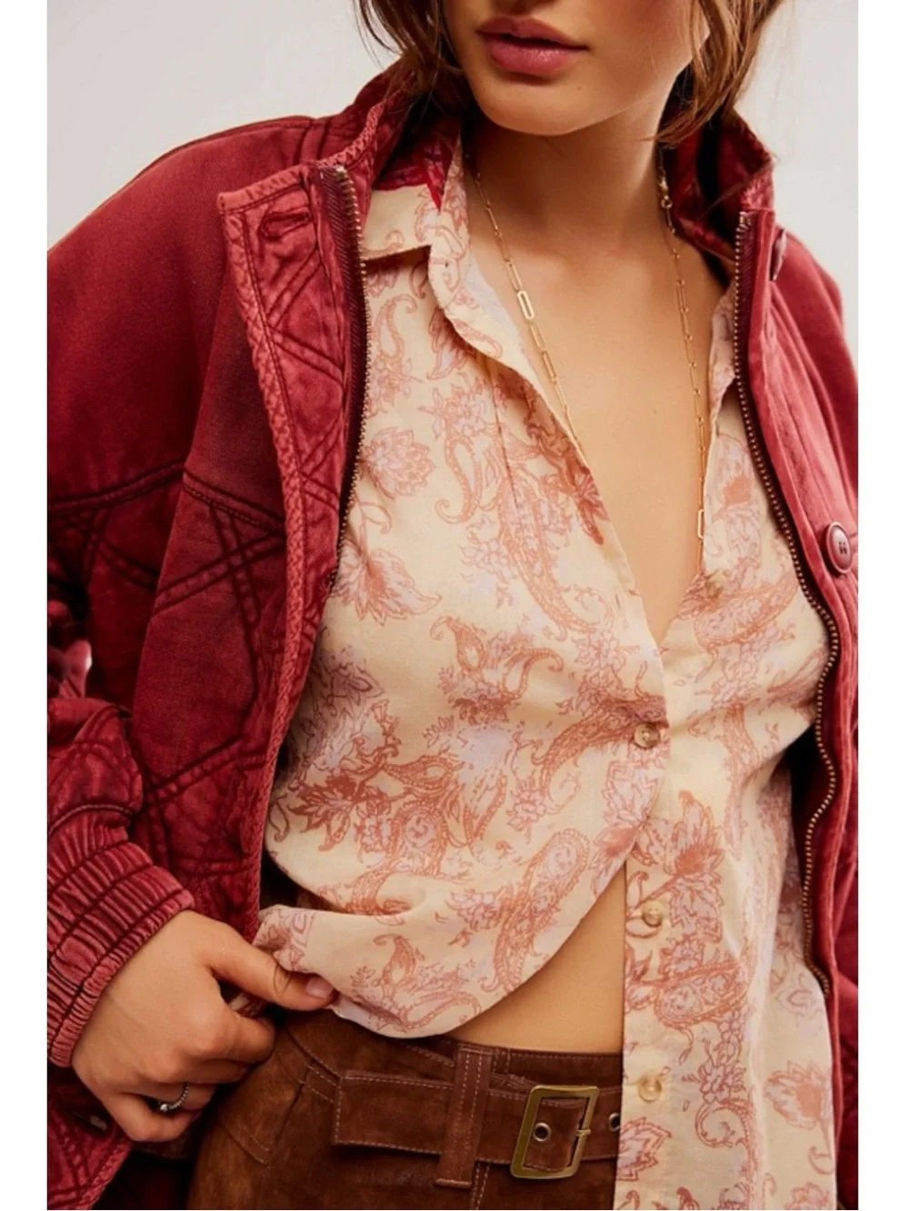 Free People Western Bohemian Dainty Rose Bud Button Down Oversized Blouse Medium
